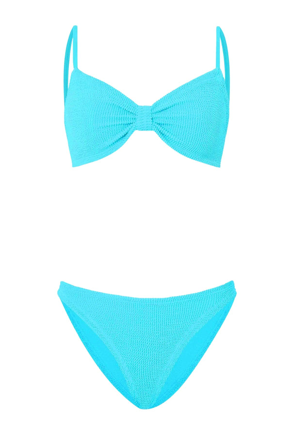 Alicia Bikini Aqua by Hunza G, crinkle bikini with bow detail and thin straps. Perfect for beach days or feminine summer styling.