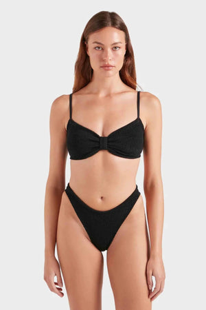 Alicia Bikini in Black by Hunza G, a trending bow-detail crinkle set with stretchy, flattering fit for chic beach days.