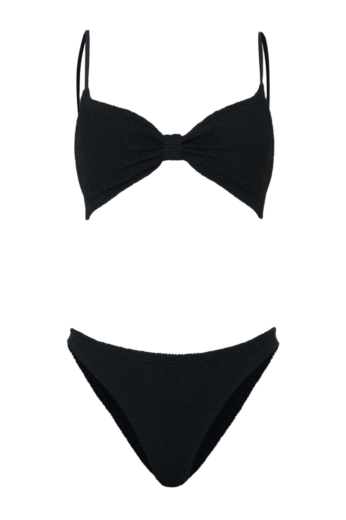 Alicia Bikini in Black by Hunza G, a trending bow-detail crinkle set with stretchy, flattering fit for chic beach days.