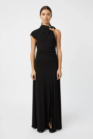 Allegra Midi Dress Black by Camilla and Marc – an asymmetrical draped midi with front split. Perfect for elevated evenings.