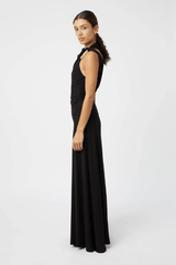 Allegra Midi Dress Black by Camilla and Marc – an asymmetrical draped midi with front split. Perfect for elevated evenings.