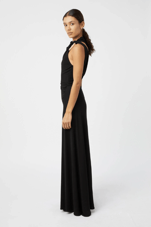Allegra Midi Dress Black by Camilla and Marc – an asymmetrical draped midi with front split. Perfect for elevated evenings.