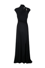Allegra Midi Dress Black by Camilla and Marc – an asymmetrical draped midi with front split. Perfect for elevated evenings.