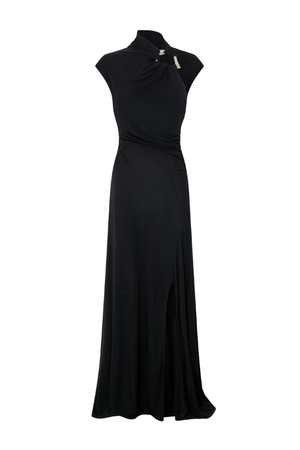 Allegra Midi Dress Black by Camilla and Marc – an asymmetrical draped midi with front split. Perfect for elevated evenings.