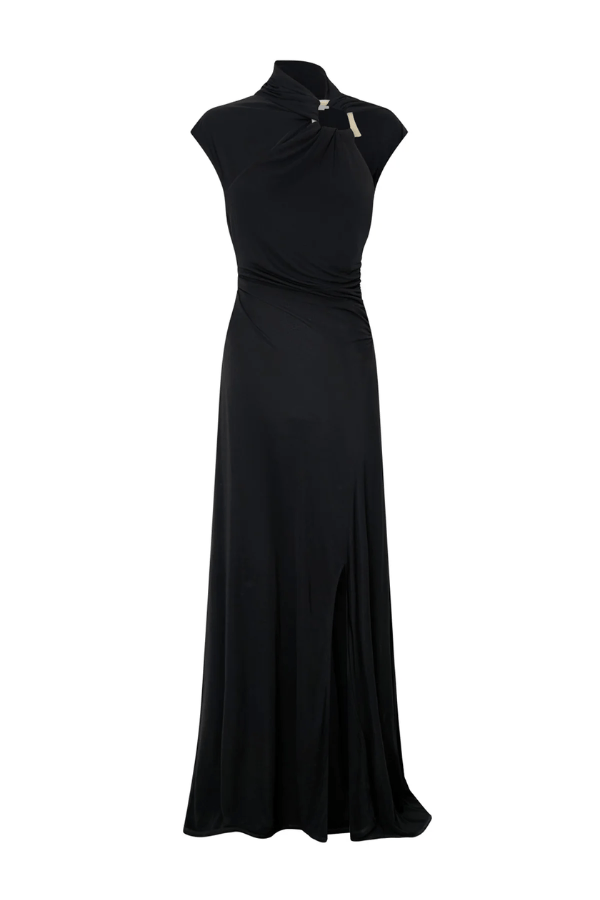 Allegra Midi Dress Black by Camilla and Marc – an asymmetrical draped midi with front split. Perfect for elevated evenings.