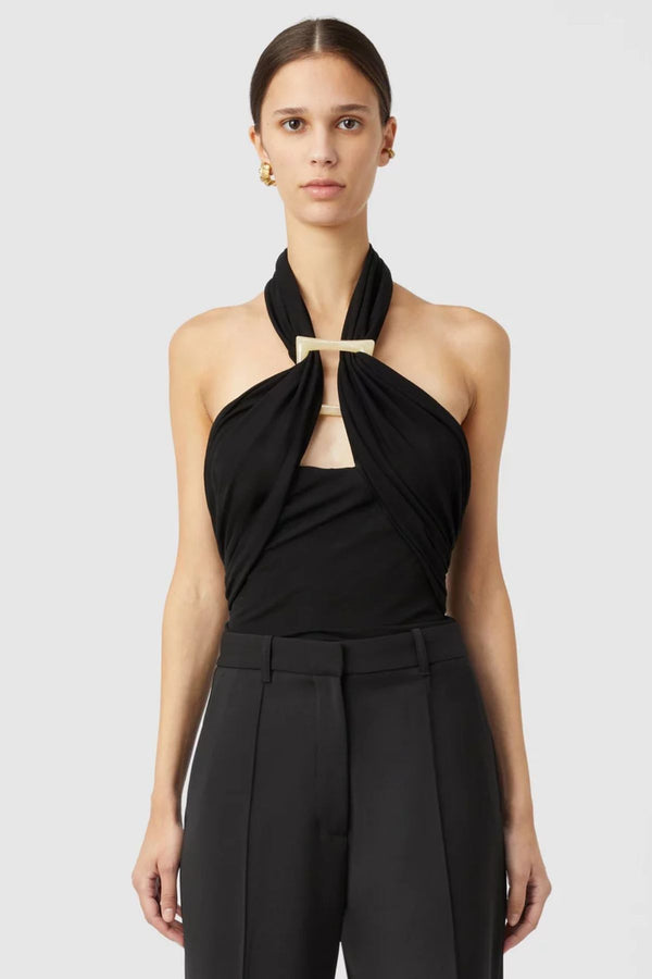 Allegra Top Black by Camilla and Marc – a halter top with resin detail and soft drape. Perfect for polished day-to-night styling.