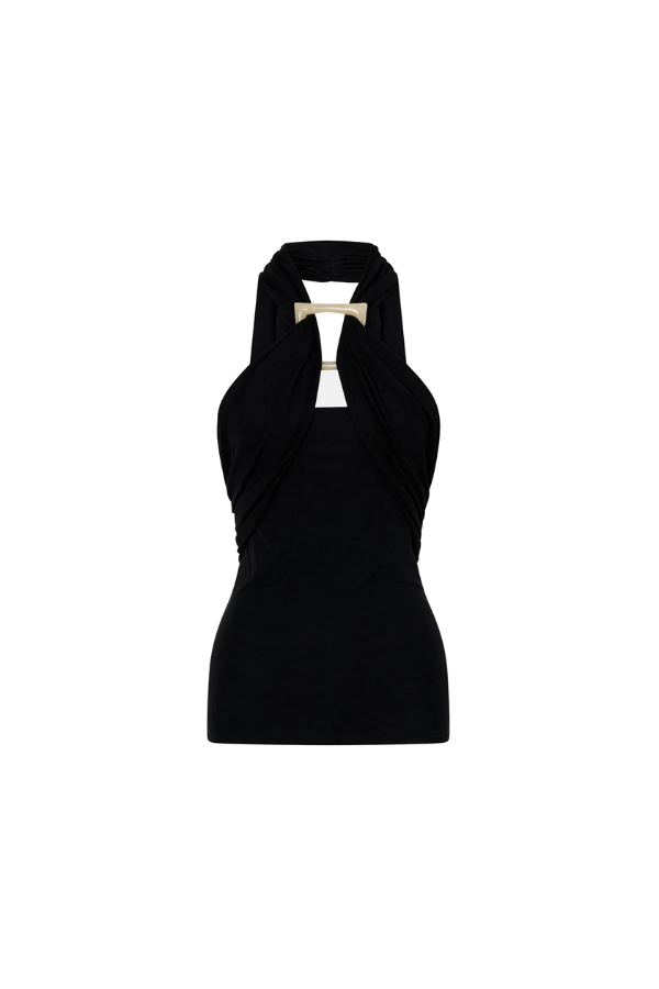 Allegra Top Black by Camilla and Marc – a halter top with resin detail and soft drape. Perfect for polished day-to-night styling.