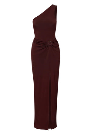 Allende Maxi Dress by Baobab, a one-shoulder gown with ring detail, asymmetrical hem, and side slit. Ideal for elegant evenings.