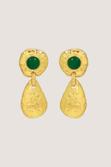 Allyson Earrings in Gold by Mountain & Moon, 18K gold plated statement drops with green jade gemstone and hammered finish.