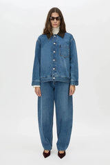 Alonzo Denim Jacket by Camilla and Marc, a dark classic blue oversized denim bomber with contrast collar and branded buttons.