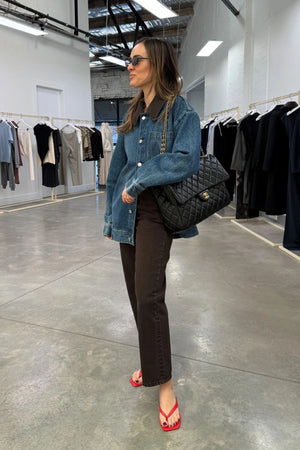 Alonzo Denim Jacket by Camilla and Marc, a dark classic blue oversized denim bomber with contrast collar and branded buttons.