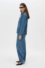 Alonzo Denim Jacket by Camilla and Marc, a dark classic blue oversized denim bomber with contrast collar and branded buttons.