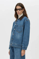 Alonzo Denim Jacket by Camilla and Marc, a dark classic blue oversized denim bomber with contrast collar and branded buttons.