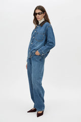 Alonzo Denim Jacket by Camilla and Marc, a dark classic blue oversized denim bomber with contrast collar and branded buttons.
