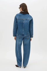 Alonzo Denim Jacket by Camilla and Marc, a dark classic blue oversized denim bomber with contrast collar and branded buttons.
