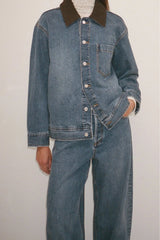 Alonzo Denim Jacket by Camilla and Marc, a dark classic blue oversized denim bomber with contrast collar and branded buttons.