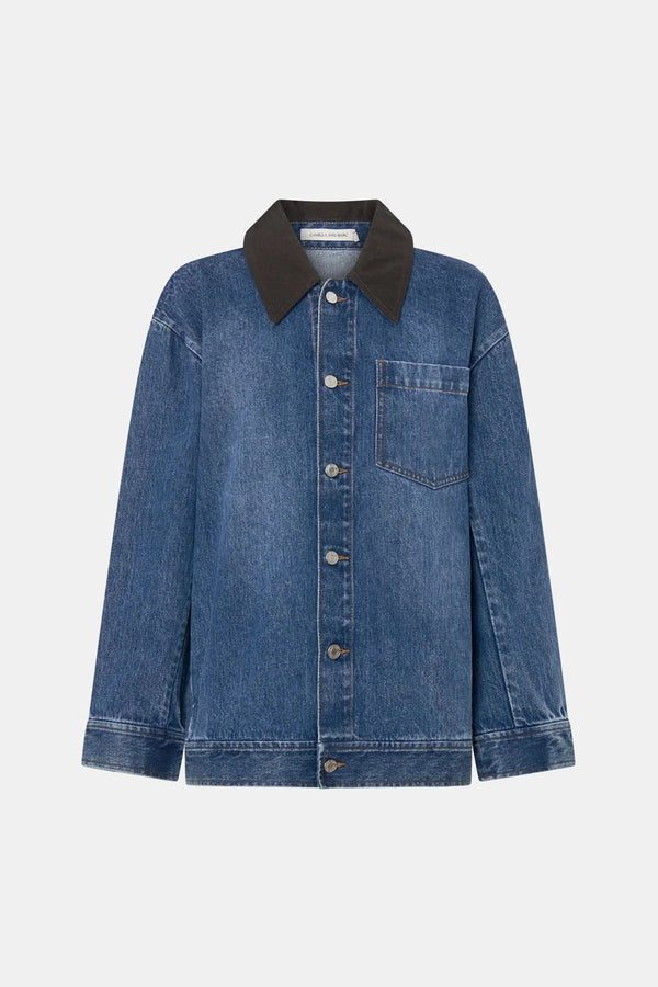 Alonzo Denim Jacket by Camilla and Marc, a dark classic blue oversized denim bomber with contrast collar and branded buttons.