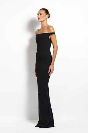 Alora Gown Black by Effie Kats - off shoulder black gown with clean drape, designed for a sleek elegant silhouette.