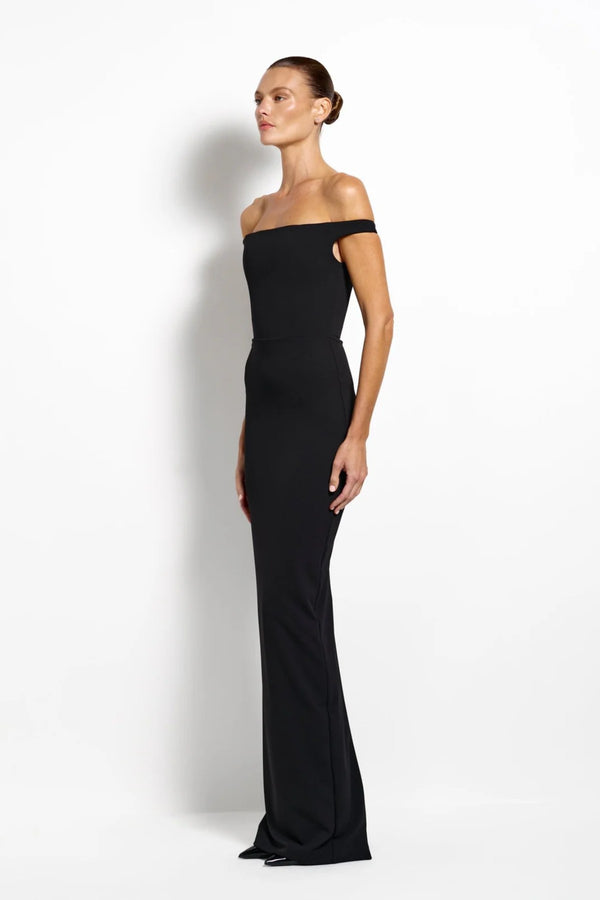 Alora Gown Black by Effie Kats - off shoulder black gown with clean drape, designed for a sleek elegant silhouette.