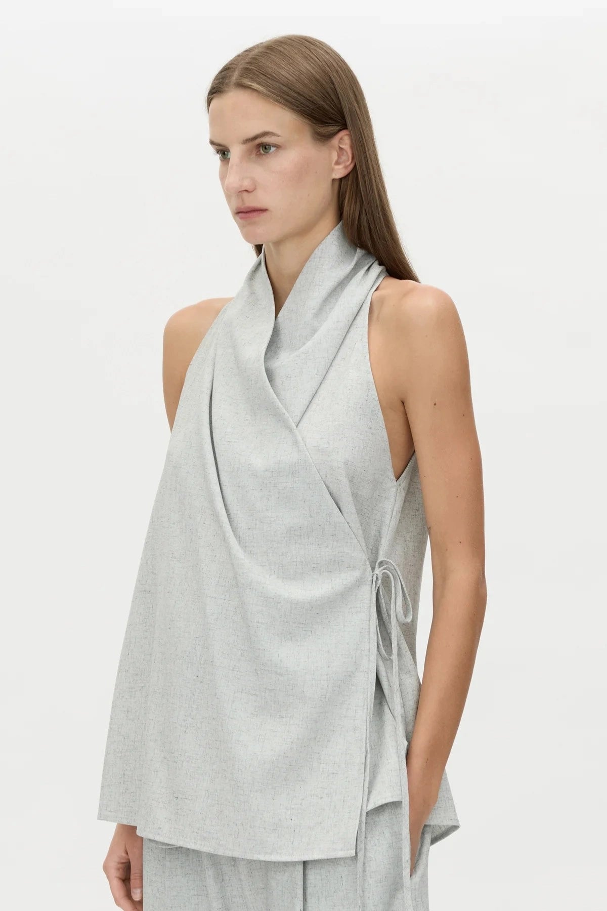 Alta Wrap Top Light Blue Marle by Camilla and Marc, soft suiting top with a draped neckline for effortless polished styling.