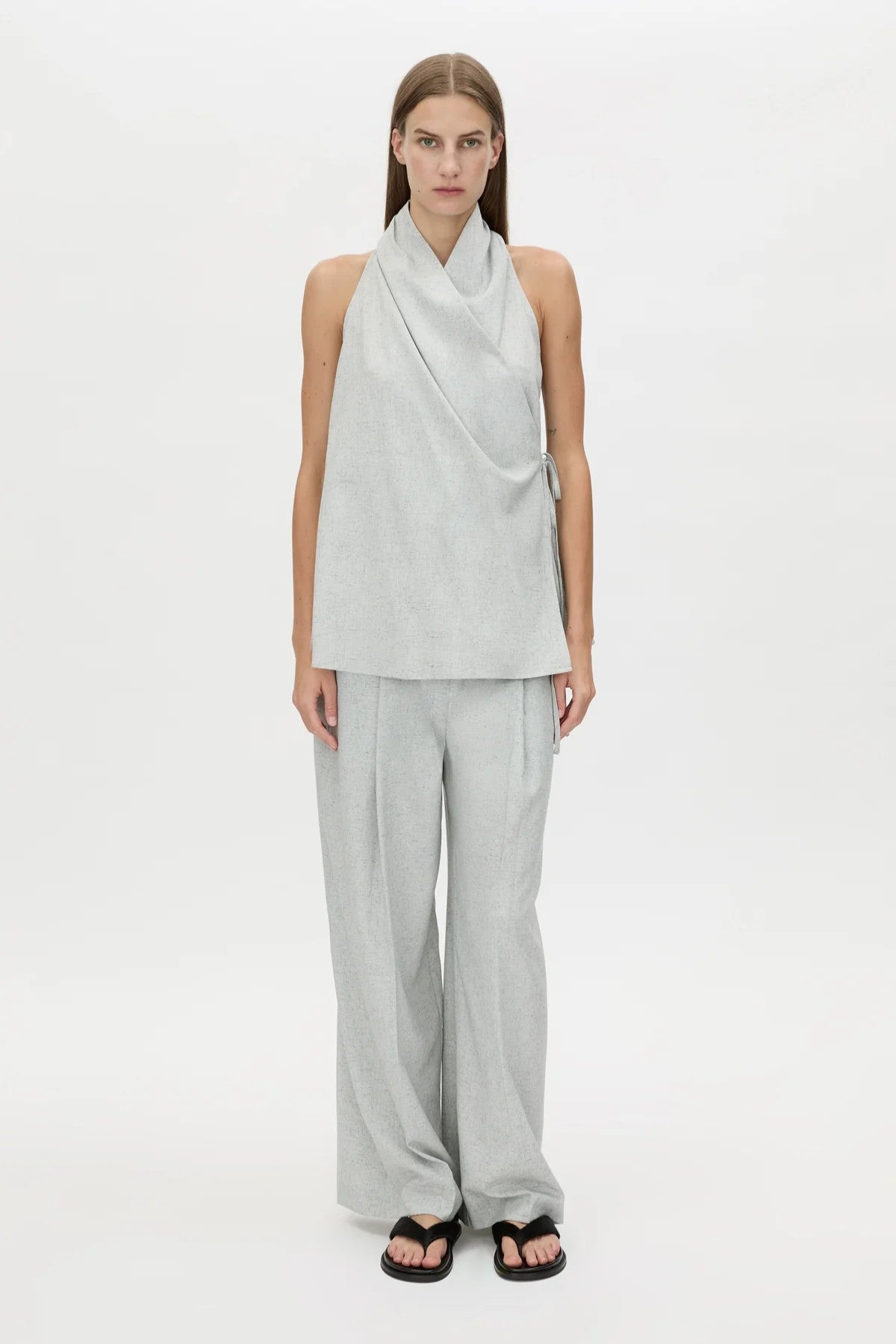 Alta Wrap Top Light Blue Marle by Camilla and Marc, soft suiting top with a draped neckline for effortless polished styling.