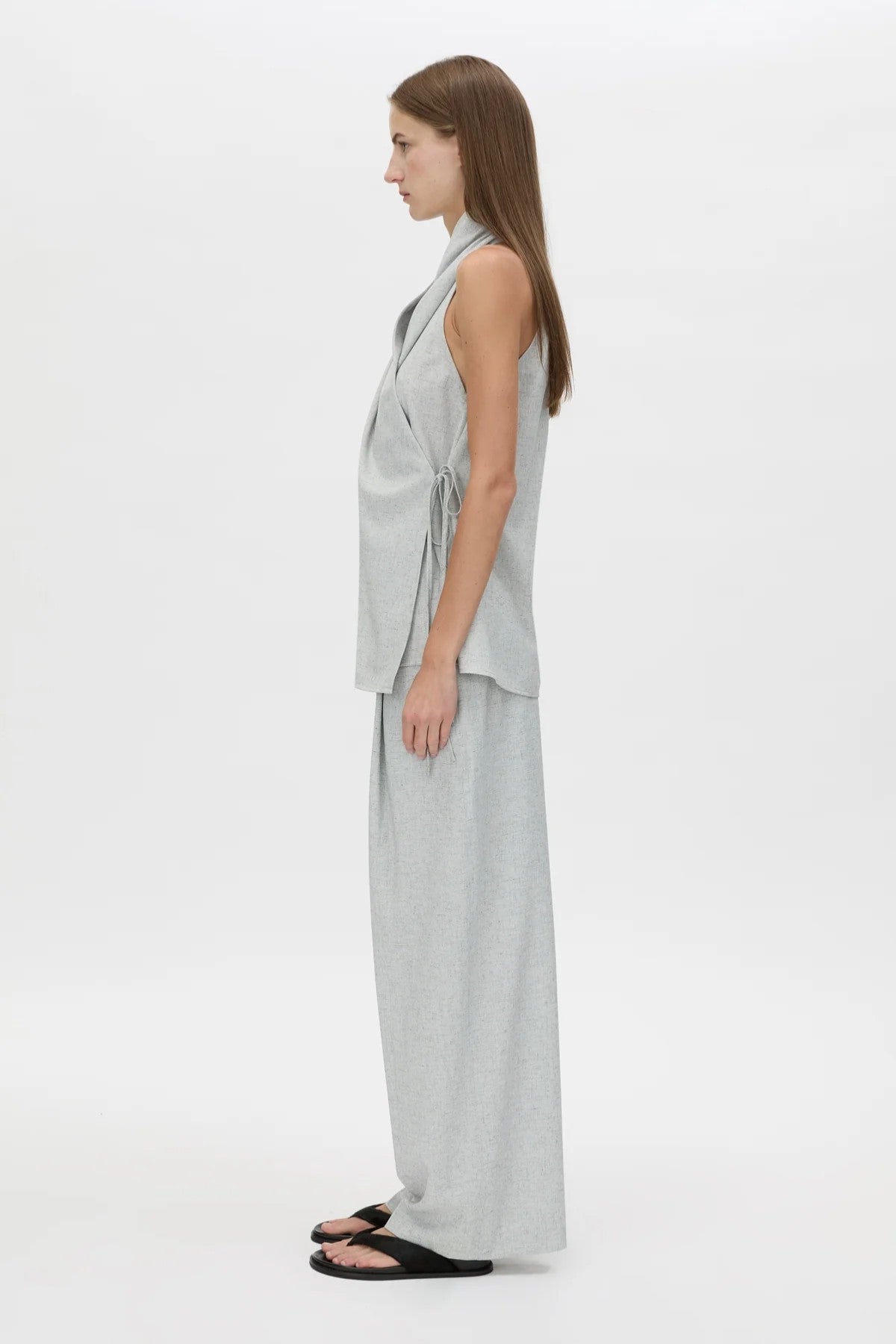 Alta Wrap Top Light Blue Marle by Camilla and Marc, soft suiting top with a draped neckline for effortless polished styling.