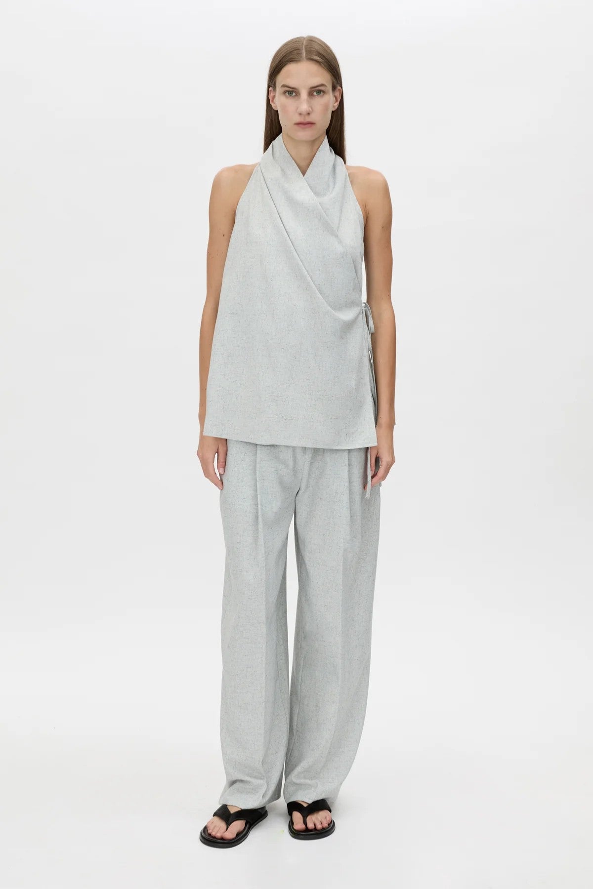 Alta Wrap Top Light Blue Marle by Camilla and Marc, soft suiting top with a draped neckline for effortless polished styling.