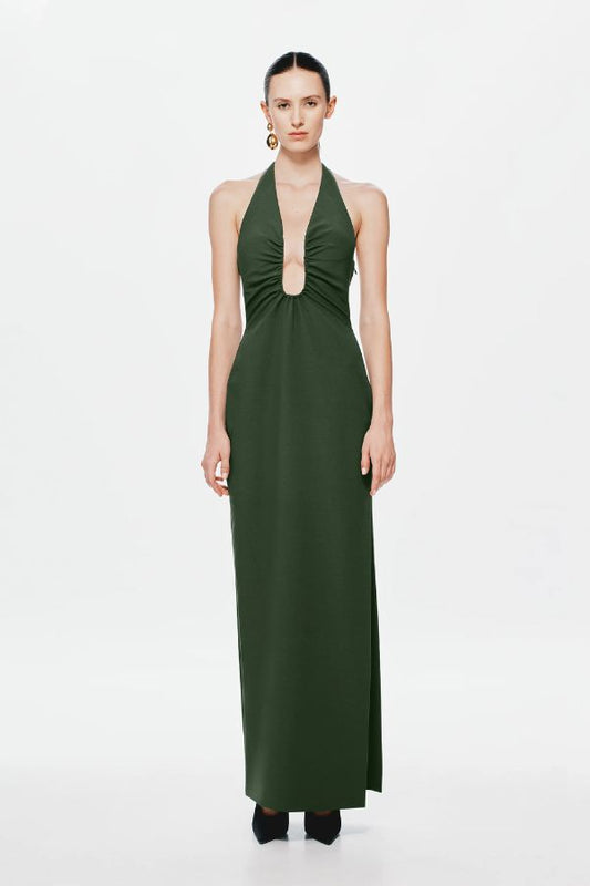 Alusia Stretch Twill Maxi Dress by Misha, moss green maxi with boned bust cut-out, halter neckline, and side split. Perfect for chic evenings.