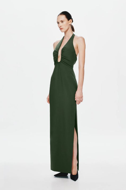 Alusia Stretch Twill Maxi Dress by Misha, moss green maxi with boned bust cut-out, halter neckline, and side split. Perfect for chic evenings.