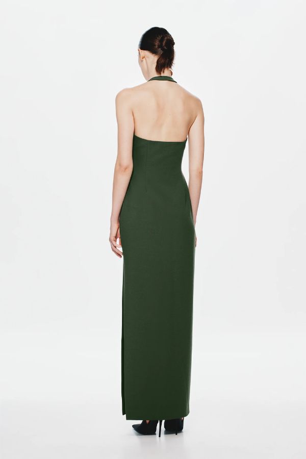 Alusia Stretch Twill Maxi Dress by Misha, moss green maxi with boned bust cut-out, halter neckline, and side split. Perfect for chic evenings.