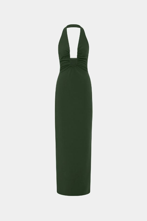 Alusia Stretch Twill Maxi Dress by Misha, moss green maxi with boned bust cut-out, halter neckline, and side split. Perfect for chic evenings.