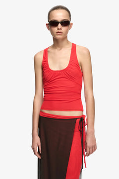 Alyna Racer Top Flame by Bec + Bridge – a soft mesh racer top with gathered neckline. Perfect for event styling.