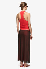 Alyna Racer Top Flame by Bec + Bridge – a soft mesh racer top with gathered neckline. Perfect for event styling.