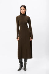 Amal Midi Dress Olive by Mossman – stretch jersey midi dress with long sleeves, thumbholes and A-line skirt.