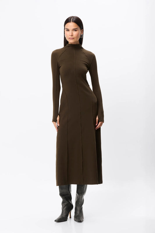 Amal Midi Dress Olive by Mossman – stretch jersey midi dress with long sleeves, thumbholes and A-line skirt.