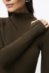 Amal Midi Dress Olive by Mossman – stretch jersey midi dress with long sleeves, thumbholes and A-line skirt.