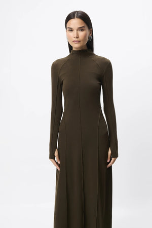 Amal Midi Dress Olive by Mossman – stretch jersey midi dress with long sleeves, thumbholes and A-line skirt.