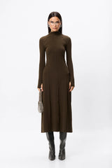 Amal Midi Dress Olive by Mossman – stretch jersey midi dress with long sleeves, thumbholes and A-line skirt.