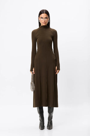 Amal Midi Dress Olive by Mossman – stretch jersey midi dress with long sleeves, thumbholes and A-line skirt.