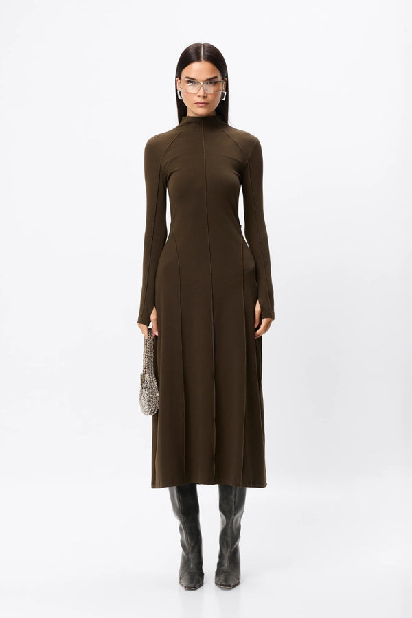 Amal Midi Dress Olive by Mossman – stretch jersey midi dress with long sleeves, thumbholes and A-line skirt.