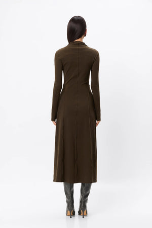 Amal Midi Dress Olive by Mossman – stretch jersey midi dress with long sleeves, thumbholes and A-line skirt.