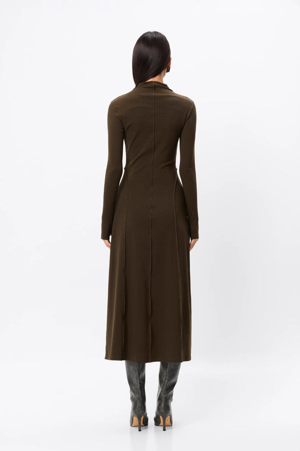 Amal Midi Dress Olive by Mossman – stretch jersey midi dress with long sleeves, thumbholes and A-line skirt.