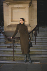 Amal Midi Dress Olive by Mossman – stretch jersey midi dress with long sleeves, thumbholes and A-line skirt.