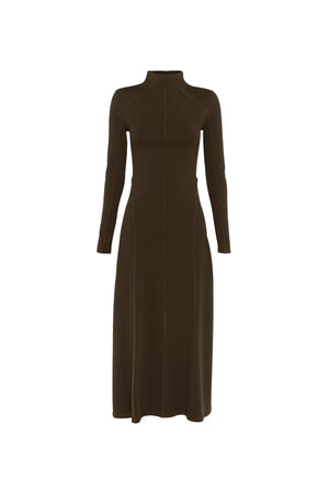 Amal Midi Dress Olive by Mossman – stretch jersey midi dress with long sleeves, thumbholes and A-line skirt.