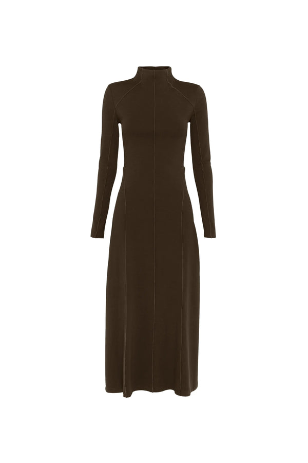 Amal Midi Dress Olive by Mossman – stretch jersey midi dress with long sleeves, thumbholes and A-line skirt.
