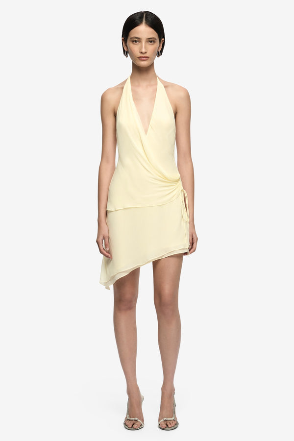 Amanda Halter Asym Dress Lemon Sorbet by Bec + Bridge, draped halter mini dress, perfect for summer events