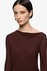 Amanda Long Sleeve Maxi Dress Raisin by Bec + Bridge, draped georgette maxi dress, perfect for elegant evenings