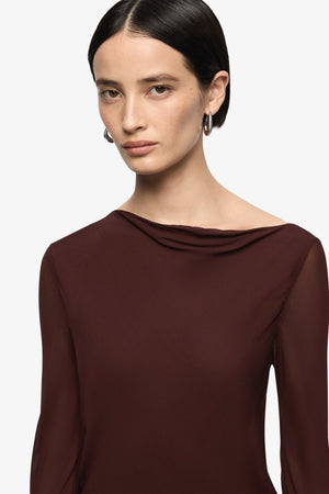 Amanda Long Sleeve Maxi Dress Raisin by Bec + Bridge, draped georgette maxi dress, perfect for elegant evenings
