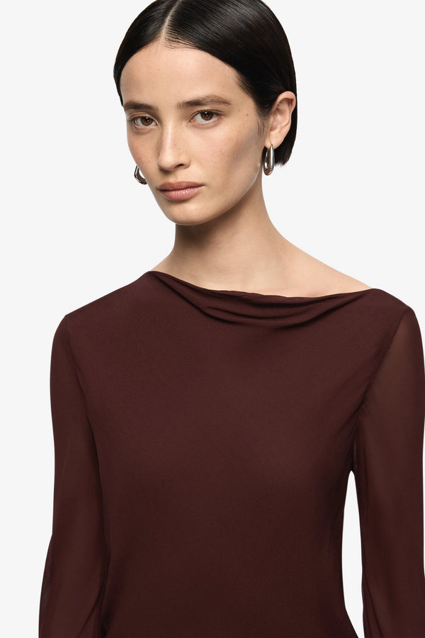 Amanda Long Sleeve Maxi Dress Raisin by Bec + Bridge, draped georgette maxi dress, perfect for elegant evenings