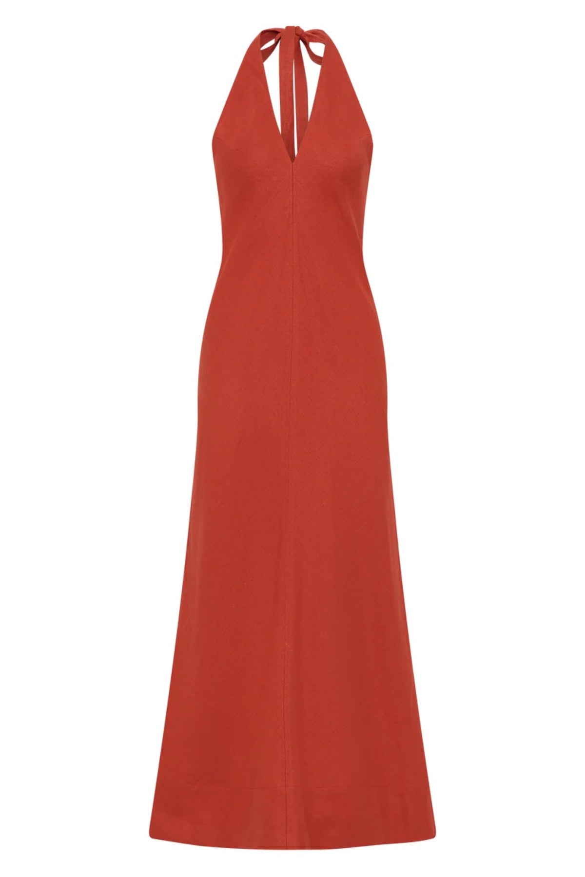 Amara Midi Dress by Faithfull the Brand — a dusty tomato linen halter dress with an open back and flowing bias-cut skirt, perfect for warm vacations.